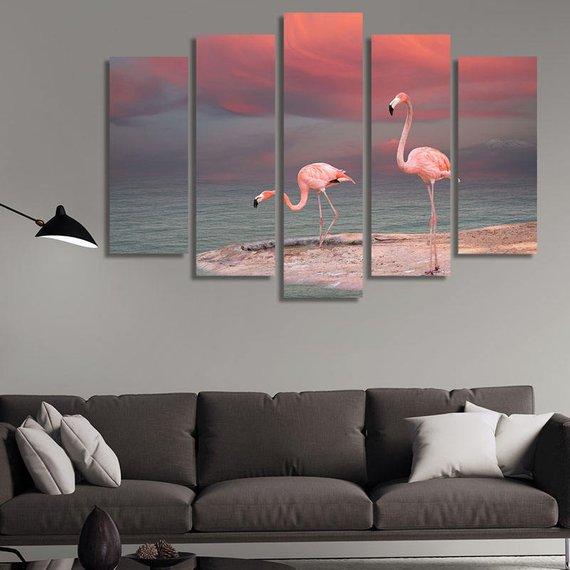 Pink Flamingos 02 - Animal 5 Panel Canvas Art Wall Decor Pink Flamingos 02 - Animal 5 Panel Canvas Art Wall Decor