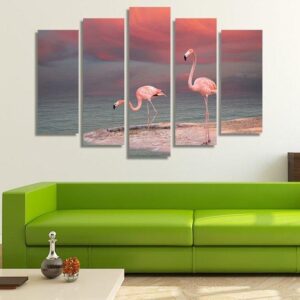 Pink Flamingos - Animal 5 Panel Canvas Art Wall Decor