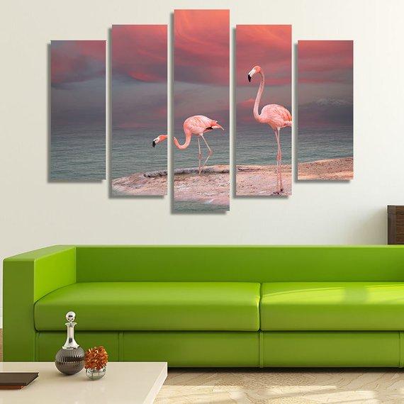 Pink Flamingos - Animal 5 Panel Canvas Art Wall Decor Pink Flamingos - Animal 5 Panel Canvas Art Wall Decor