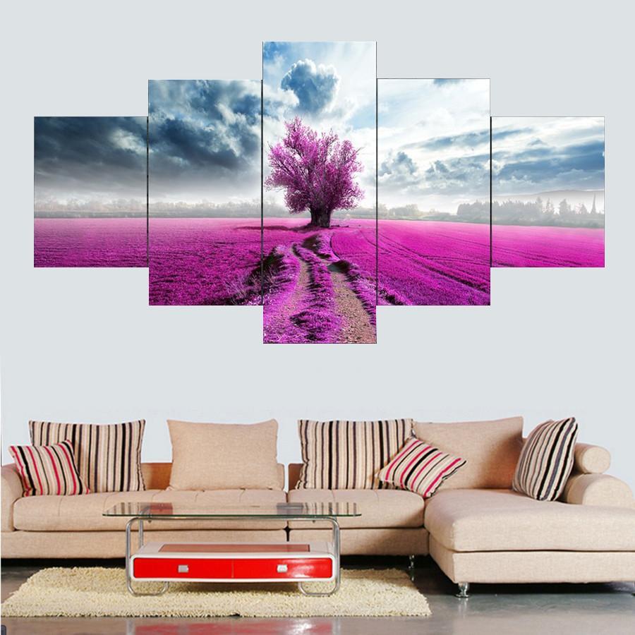 Pink Lavender Flowers And Tree - Nature 5 Panel Canvas Art Wall Decor Pink Lavender Flowers And Tree - Nature 5 Panel Canvas Art Wall Decor