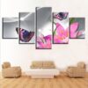 Pink Lilies Flowers And Butterfly Butterflies - Nature 5 Panel Canvas Art Wall Decor