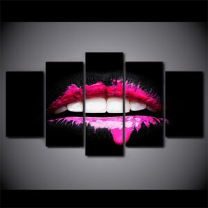 Pink Lips Girl Style - Abstract 5 Panel Canvas Art Wall Decor