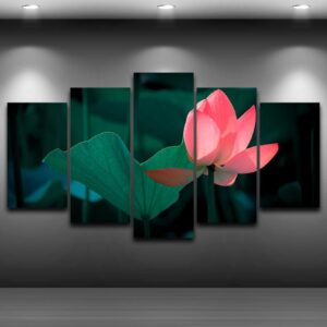 Pink Lotus Flower - Nature 5 Panel Canvas Art Wall Decor