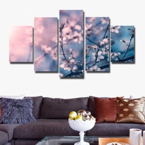 Pink Plum Blossom Flowers - Nature 5 Panel Canvas Art Wall Decor