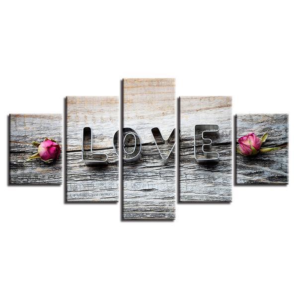 Pink Rose Flower And Love Wood - Abstract 5 Panel Canvas Art Wall Decor Pink Rose Flower And Love Wood - Abstract 5 Panel Canvas Art Wall Decor