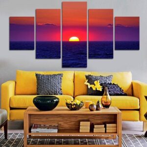 Pink Sunset Sea 2 - Nature 5 Panel Canvas Art Wall Decor