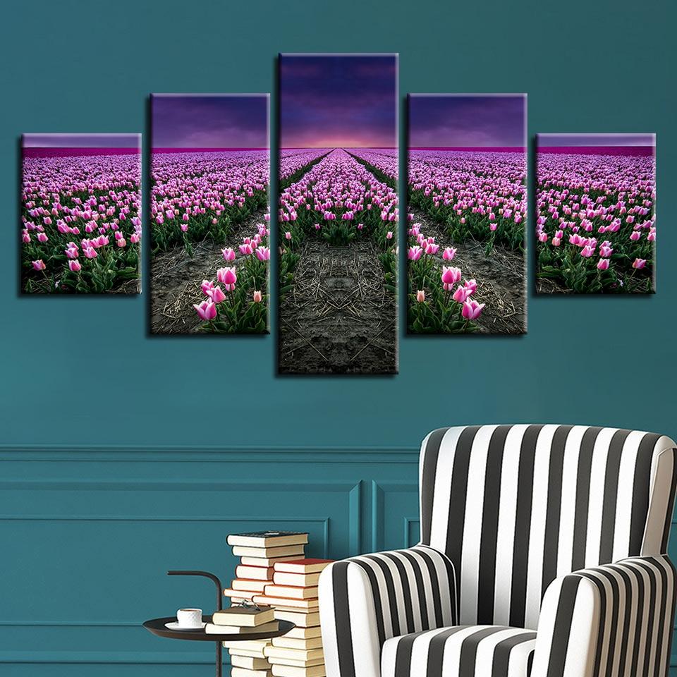 Pink Tulip Flower Field Sunset - Nature 5 Panel Canvas Art Wall Decor Pink Tulip Flower Field Sunset - Nature 5 Panel Canvas Art Wall Decor