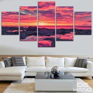 Pinkish Sunset - Nature 5 Panel Canvas Art Wall Decor