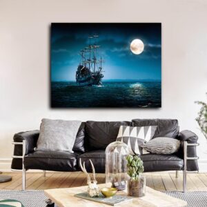 Pirate Ship The Flying Dutchman Ghost Ship Framed Davy Jones Jack Sparrow Ship -Ocean Beach Canvas Art Wall Decor