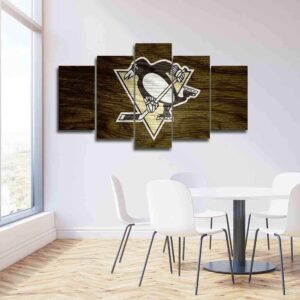 Pittsburgh Penguins Wood Like Artwork - Abstract 5 Panel Canvas Art Wall Decor
