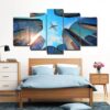 Plane on Sky Cityscape - Aircraft 5 Panel Canvas Art Wall Decor