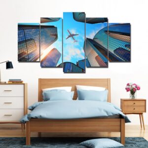 Plane on Sky Cityscape - Aircraft 5 Panel Canvas Art Wall Decor