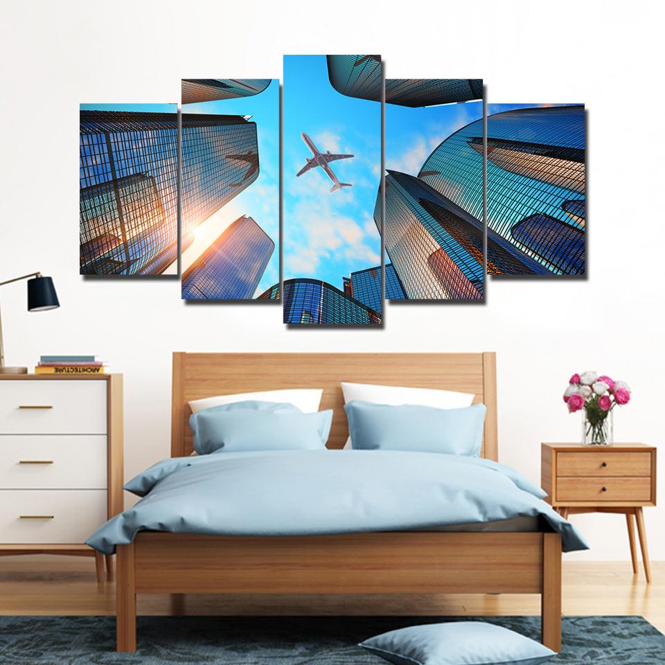 Plane on Sky Cityscape - Aircraft 5 Panel Canvas Art Wall Decor Plane on Sky Cityscape - Aircraft 5 Panel Canvas Art Wall Decor