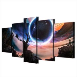 Planet Deer Animal At Night Hd - Abstract 5 Panel Canvas Art Wall Decor