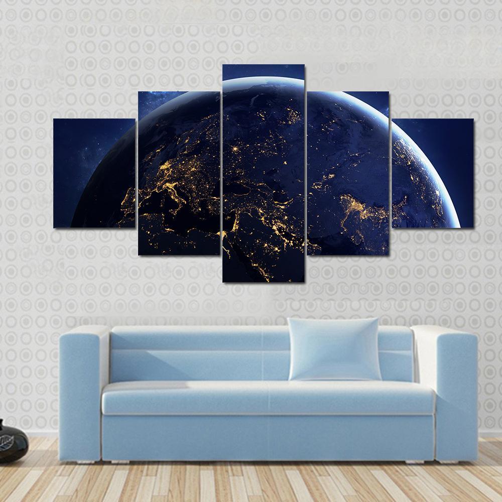 Planet Earth From Space At Night - Space 5 Panel Canvas Art Wall Decor Planet Earth From Space At Night - Space 5 Panel Canvas Art Wall Decor
