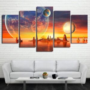 Planet Earth Moon Islands Sunset - Space Universe 5 Panel Canvas Art Wall Decor