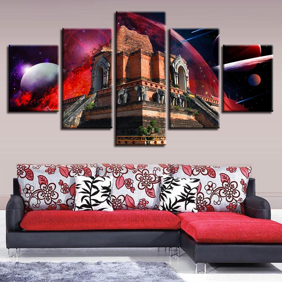Planets Retro Building Night - Abstract 5 Panel Canvas Art Wall Decor Planets Retro Building Night - Abstract 5 Panel Canvas Art Wall Decor