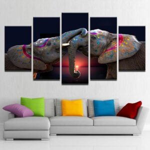 Playful Elephants - Absatract Animal 5 Panel Canvas Art Wall Decor