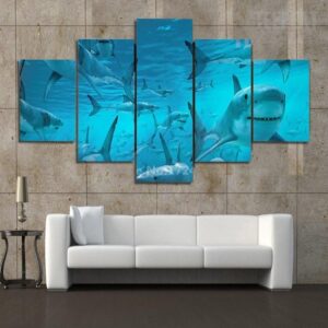 Plenty Of Sharks Under The Deep Blue Sea - Animal 5 Panel Canvas Art Wall Decor