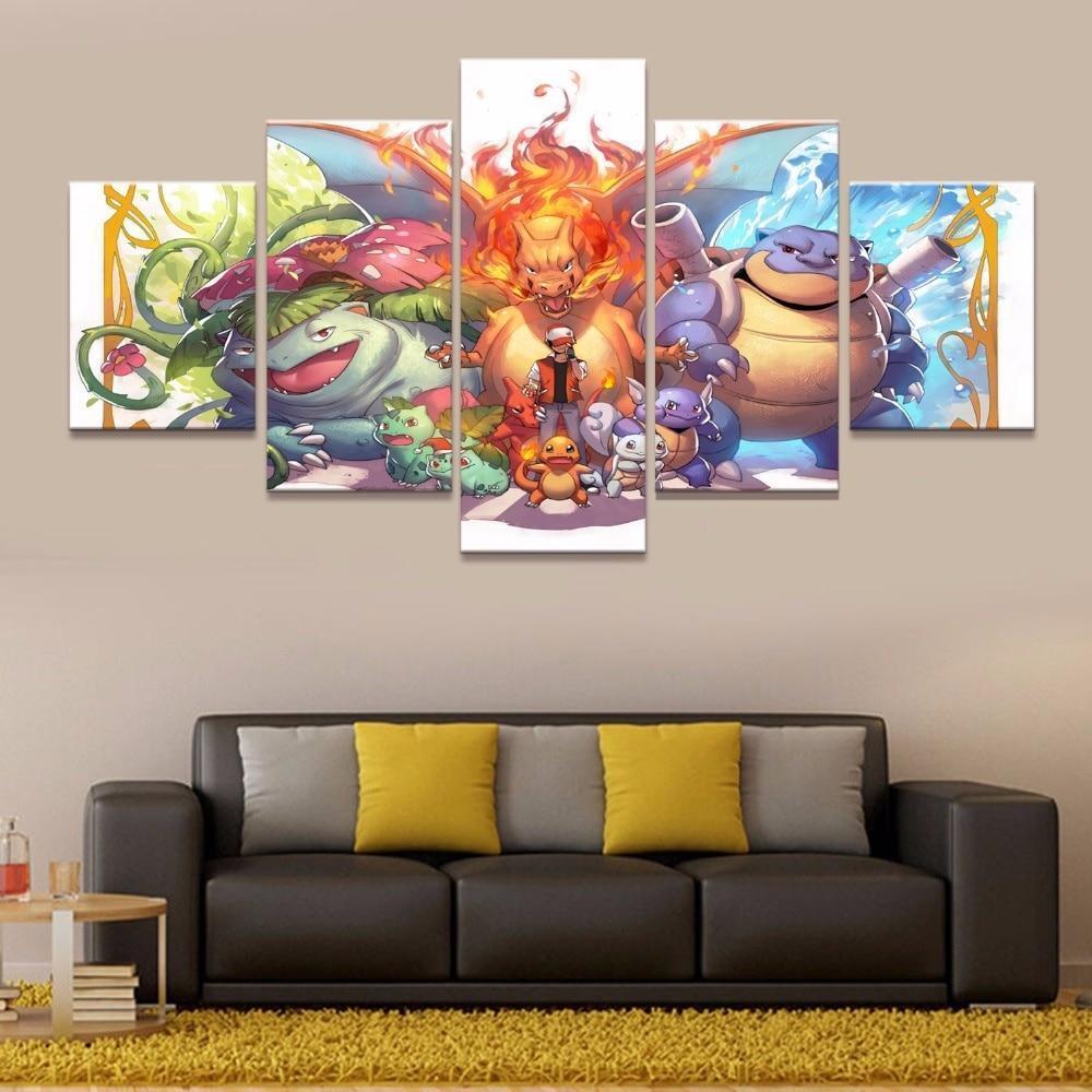 Pokemon Ash Ketchum Bulbasaur Charmander Squirtle Anime - 5 Panel Canvas Art Wall Decor Pokemon Ash Ketchum Bulbasaur Charmander Squirtle Anime - 5 Panel Canvas Art Wall Decor