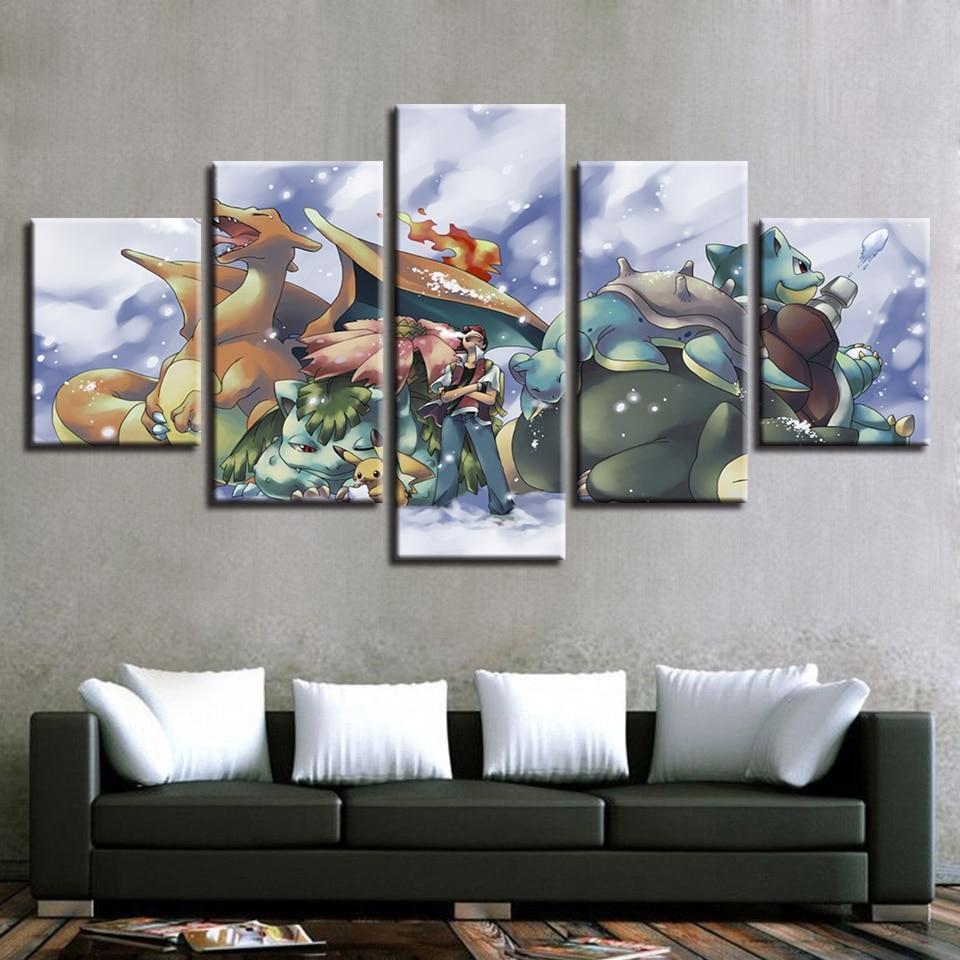 Pokemon Ash Ketchum Pikachu Bulbasaur Charmander Squirtle Anime - 5 Panel Canvas Art Wall Decor Pokemon Ash Ketchum Pikachu Bulbasaur Charmander Squirtle Anime - 5 Panel Canvas Art Wall Decor