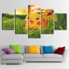 Pokemon Pikachu On Green Grass Anime - 5 Panel Canvas Art Wall Decor