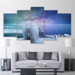 Polar Bear Penguin Aurora - Animal 5 Panel Canvas Art Wall Decor