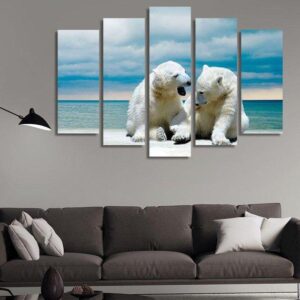 Polar Bears On A Winter Beach At Daytime 01 - Animal 5 Panel Canvas Art Wall Decor