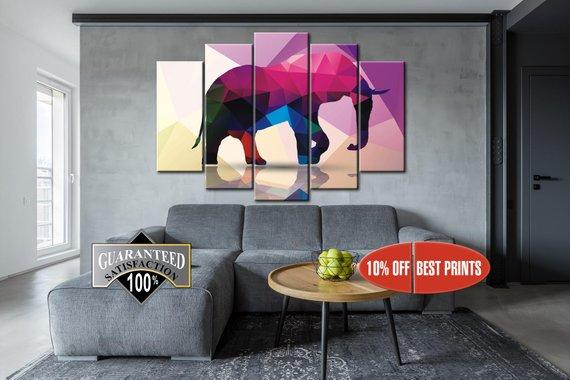 Poligonal Elefant - Abstract Animal 5 Panel Canvas Art Wall Decor Poligonal Elefant - Abstract Animal 5 Panel Canvas Art Wall Decor