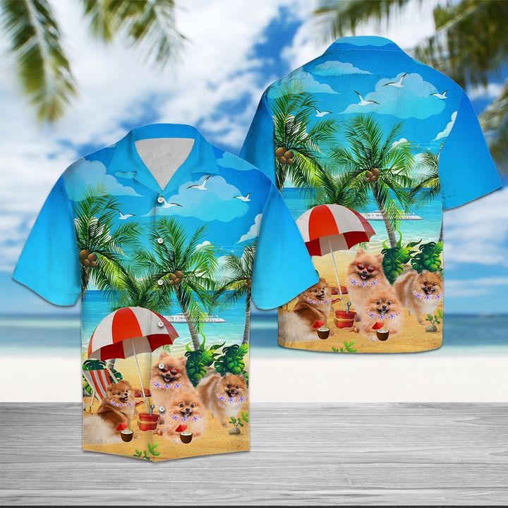 Pomeranian Beach Summer Hawaiian Shirt Summer Button Up Pomeranian Beach Summer Hawaiian Shirt Summer Button Up