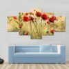 Poppy Flower Field - Nature 5 Panel Canvas Art Wall Decor