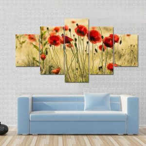 Poppy Flower Field - Nature 5 Panel Canvas Art Wall Decor