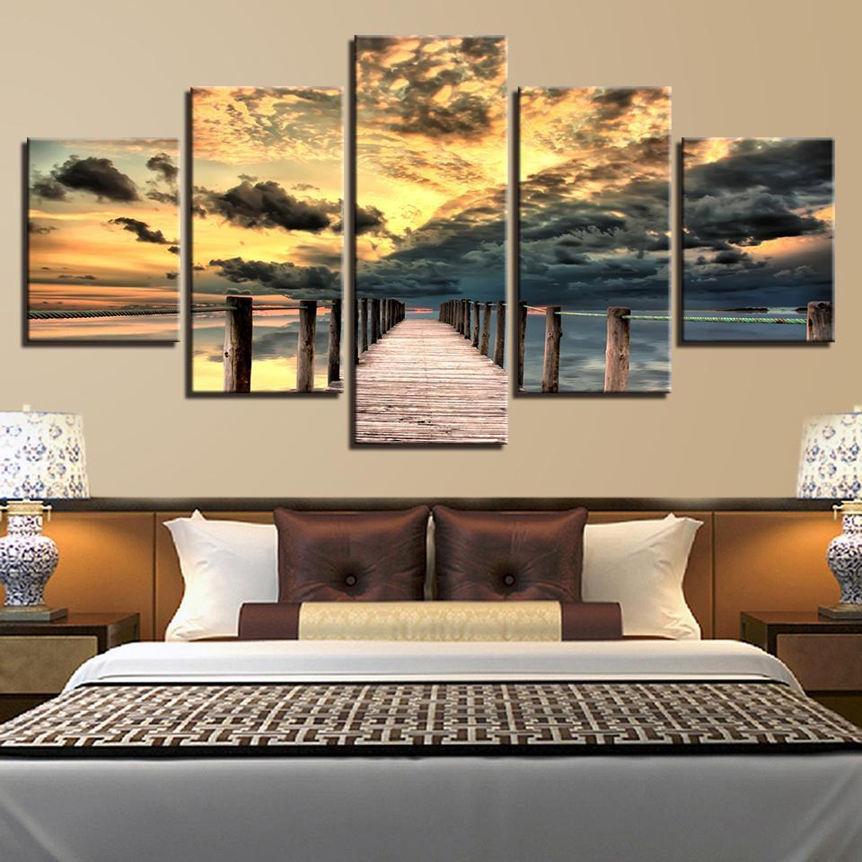 Posters Sunset Long Bridge - Nature 5 Panel Canvas Art Wall Decor Posters Sunset Long Bridge - Nature 5 Panel Canvas Art Wall Decor