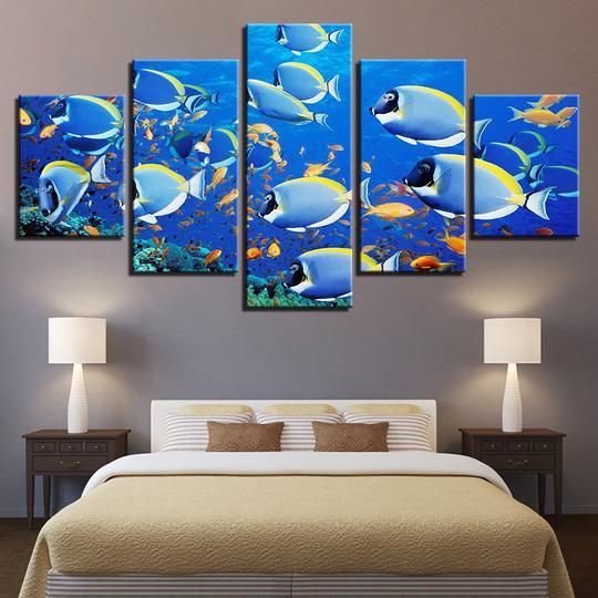 Powder Blue Tangs Fish On Tropical Reef - Animal 5 Panel Canvas Art Wall Decor Powder Blue Tangs Fish On Tropical Reef - Animal 5 Panel Canvas Art Wall Decor