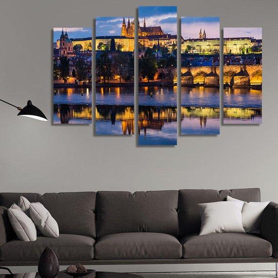 Prague Castle And Charles Bridge - Nature 5 Panel Canvas Art Wall Decor Prague Castle And Charles Bridge - Nature 5 Panel Canvas Art Wall Decor