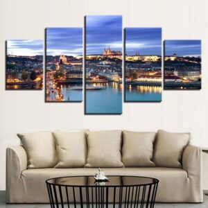 Prague Castle Bridge City Night Scene Landscape Beautiful - Nature 5 Panel Canvas Art Wall Decor