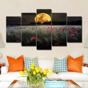 Prairie Night With Moon Light - Nature 5 Panel Canvas Art Wall Decor