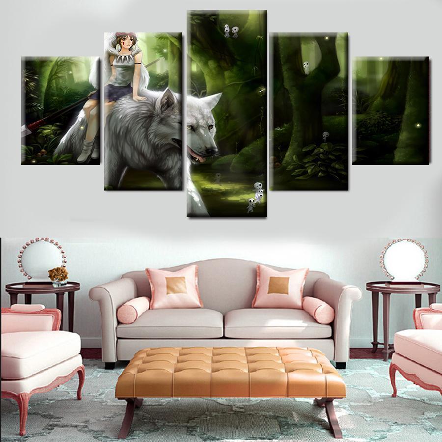 Princess Mononoke Riding Wolf - Cartoon 5 Panel Canvas Art Wall Decor Princess Mononoke Riding Wolf - Cartoon 5 Panel Canvas Art Wall Decor