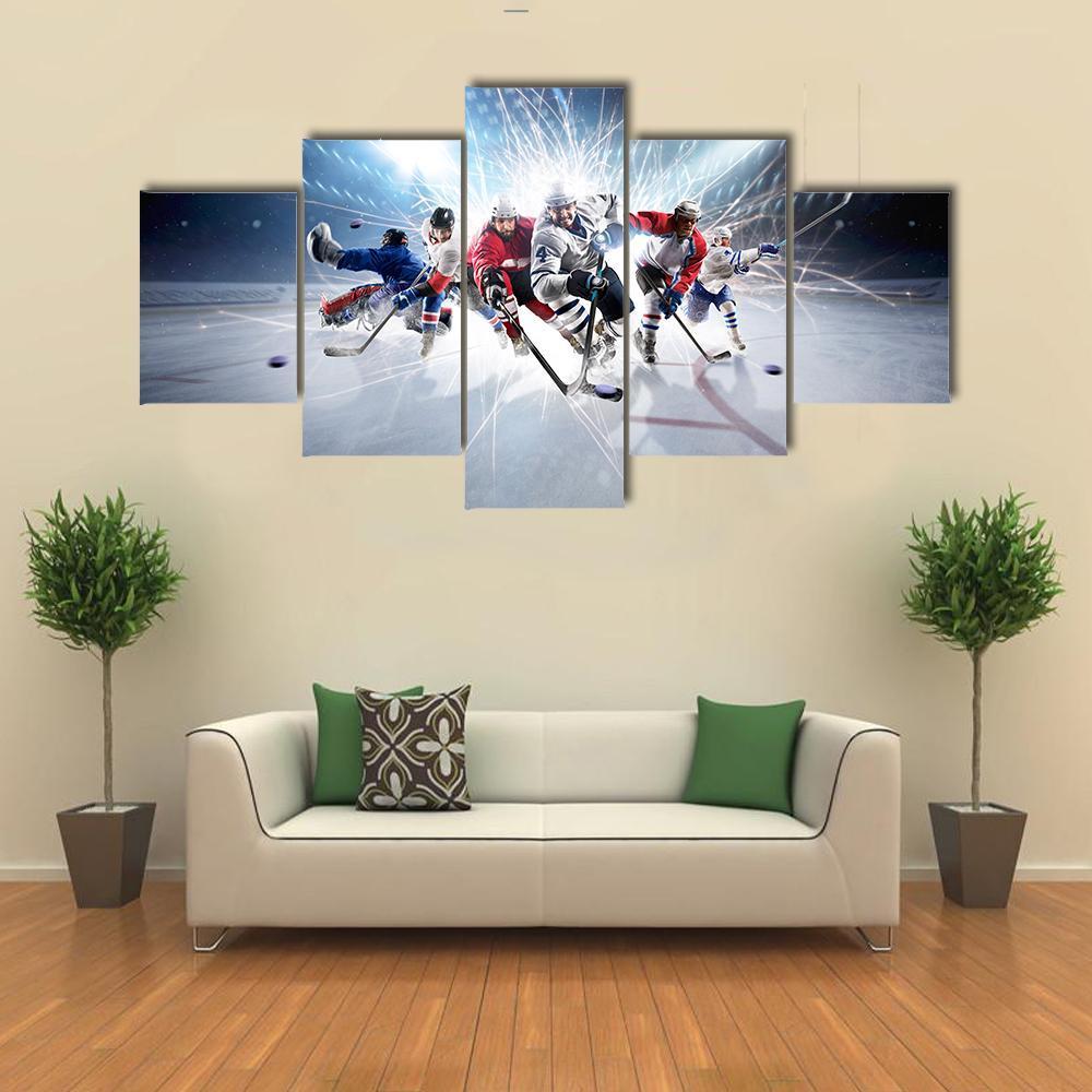 Professional Hockey Players In Action - Sport 5 Panel Canvas Art Wall Decor Professional Hockey Players In Action - Sport 5 Panel Canvas Art Wall Decor