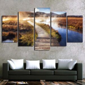 Psychedelic Landscape wooden Bridge - Nature 5 Panel Canvas Art Wall Decor