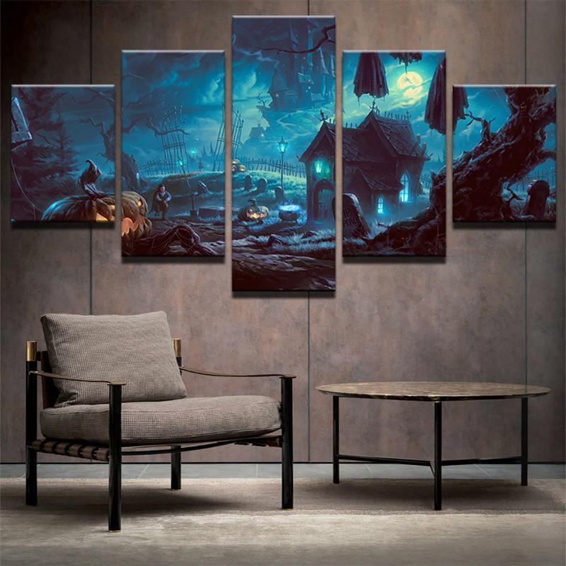 Pumpkin Lords In Cemetery - Halloween 5 Panel Canvas Art Wall Decor Pumpkin Lords In Cemetery - Halloween 5 Panel Canvas Art Wall Decor
