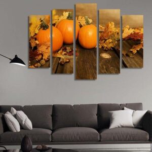 Pumpkins Fall Leaves - Kitchen 5 Panel Canvas Art Wall Decor