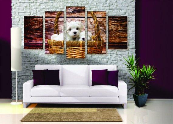 Puppies In A Basket - Animal 5 Panel Canvas Art Wall Decor Puppies In A Basket - Animal 5 Panel Canvas Art Wall Decor