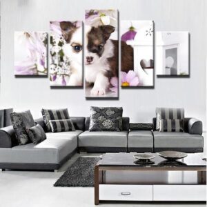 Puppy And Flowers - Animal 5 Panel Canvas Art Wall Decor