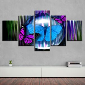 Purple And Blue Butterfly - Animal 5 Panel Canvas Art Wall Decor