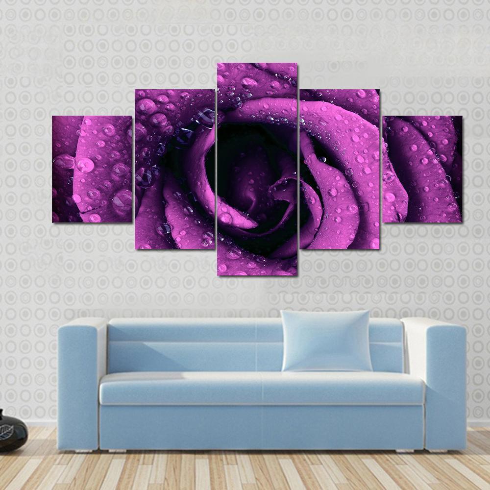 Purple Dark Rose With Dew Drops - Nature 5 Panel Canvas Art Wall Decor Purple Dark Rose With Dew Drops - Nature 5 Panel Canvas Art Wall Decor
