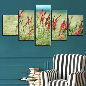 Purple Flower And Grass - Nature 5 Panel Canvas Art Wall Decor