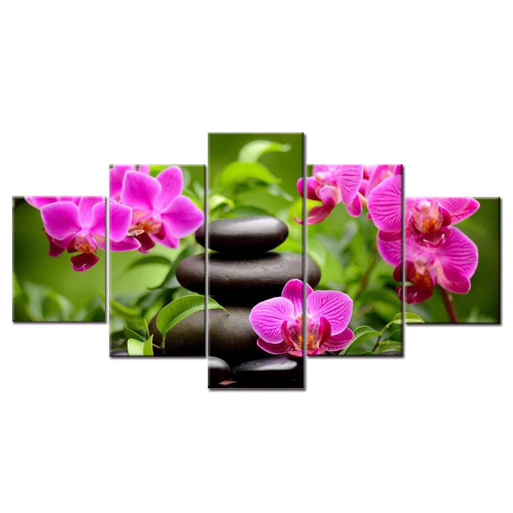 Purple Flower Green Leaf Stone - Nature 5 Panel Canvas Art Wall Decor Purple Flower Green Leaf Stone - Nature 5 Panel Canvas Art Wall Decor