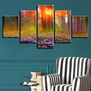 Purple Flower Sunshine - Nature 5 Panel Canvas Art Wall Decor