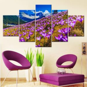 Purple Flowers Snow Mountain - Nature 5 Panel Canvas Art Wall Decor